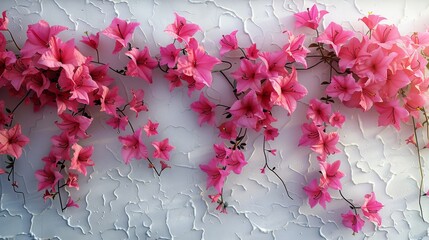 Aufkleber - The beautiful, serene scene features bright pink bougainvillea cascading down a clean white cement wall. The contrast between the rich colors of the flowers and white background. Generative AI.