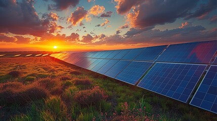 Wall Mural - Solar farm at sunset with dramatic clouds and warm light. Generative AI.