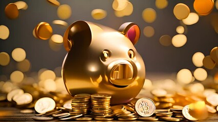 Poster - Golden Piggy Bank Surrounded by Coins Generative AI