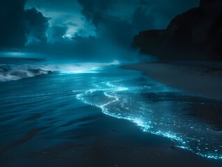 Canvas Print - Bioluminescent Waves Glowing in the Magical Dark Beach Landscape