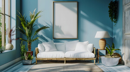 Wall Mural - Warm and Cozy Composition of spring living room interior with mock-up poster frame
