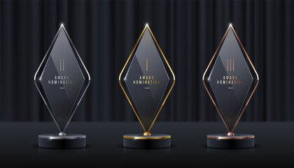 Wall Mural - Set of glass award trophy. Transparent prize template. Winner first place concept. Vector illustration.