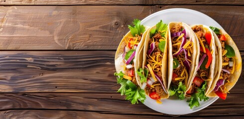 Wall Mural - Top view of a plate of delicious tacos on a rustic wooden table