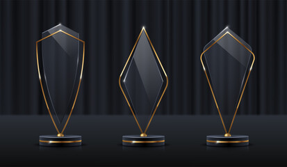 Wall Mural - Set of glass award trophy. Transparent prize template. Winner first place concept. Vector illustration.