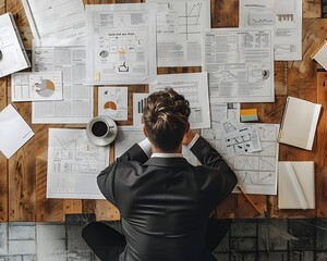 Poster - Focused Entrepreneur Reviewing Business Plans on Desk