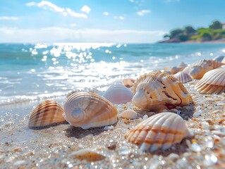Wall Mural - Exotic Seashells Scattered on Tranquil Beach with Shimmering Ocean and Bright Sky