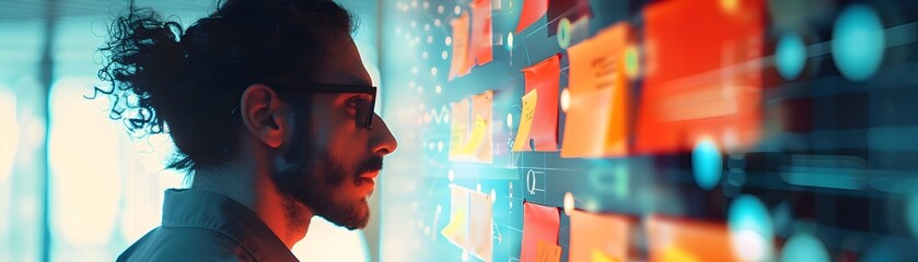 Focused Man Brainstorming on Sticky Notes Wall in Collaborative Office Environment