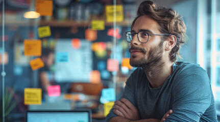 Leinwandbilder - An energetic man with a go-getter attitude, brainstorming ideas in his lively tech startup office. Generative AI.