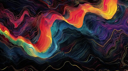 the curved waves were in this abstract background, in the style of bold and colorful graphic design, data visualization, chromatic landscape, vibrant and textured, black background