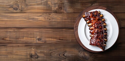 Wall Mural - Top view of delicious ribs on a rustic wooden table