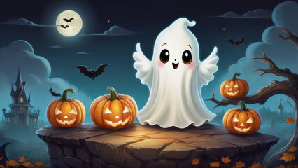 Wall Mural - A cartoon ghost is standing in front of a group of pumpkins