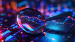 © Pramesti - A magnifying glass focuses on a digital stock market chart with glowing graphs and data, representing financial analysis, investment strategy, and market research