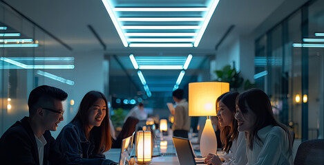 Leinwandbilder - Group of people working in a luminous and vast office space with white ambience, at night. Generative AI.