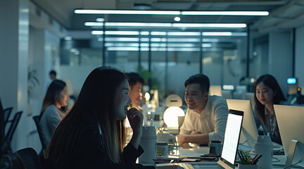 Leinwandbilder - Group of people working in a luminous and vast office space with white ambience, at night. Generative AI.