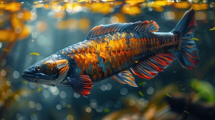 Wall Mural - Arowana Fish in a Vibrant Underwater Scene