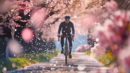 Wall Mural - The picture of the cyclist is riding on the road that has been surrounded with cherry blossom or sakura from the both side of the roadway with warm light from the sun in the spring of the year. AIG43.