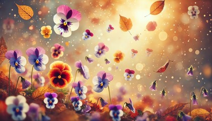 Wall Mural - A fall scene with Pansy and Viola flowers falling from the top of the image