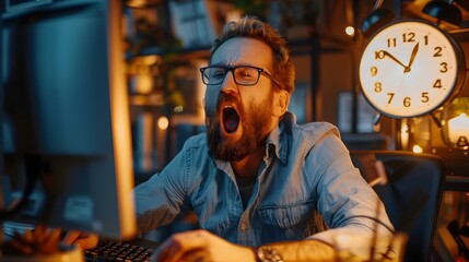 Poster - Overworked Employee Yawning at Midnight Desk Clock Signaling Late Hours Signs of Fatigue and Exhaustion from Hard Work
