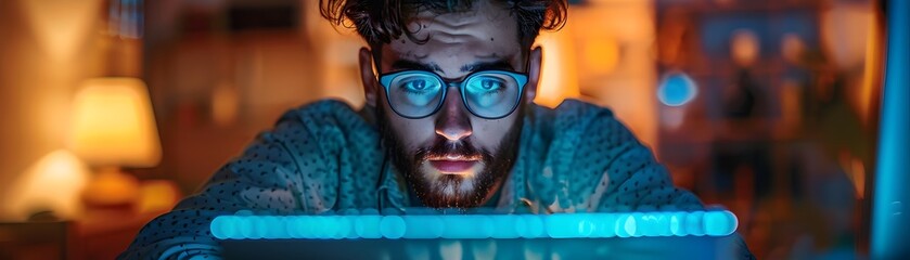Poster - late night coder hunched over desk glowing keyboard illuminates determined facial expression despite