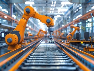 Poster - high tech automated manufacturing assembly line with robotic arms efficiently producing industrial g