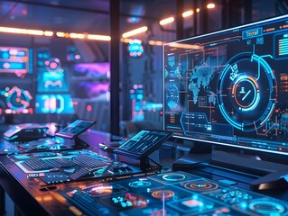 Poster - futuristic and advanced workspace with holographic interfaces and virtual assistants