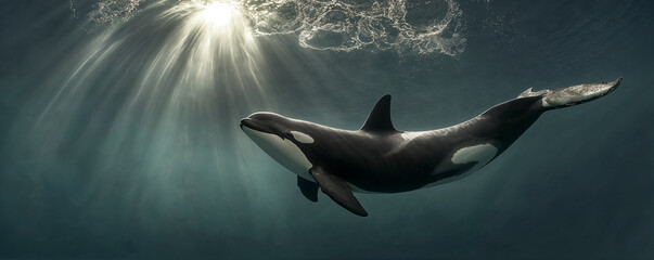 killer whale or Orcinus orca swimming underwater under sea life with bubbles and sunbeams in blue deep water, sealife wide banner poster with copyspace