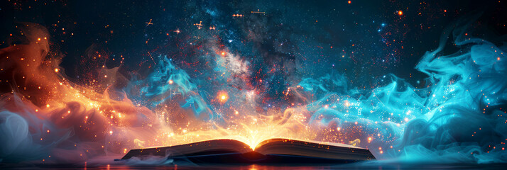 Canvas Print - open book with vibrant cosmic energy and stars emanating from its pages, perfect for fantasy and ima