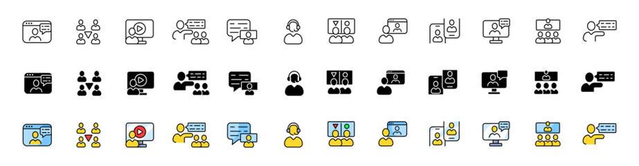 Poster - Video conference set icons. Message bubble icons. Linear, silhouette and flat styles. Vector icons.