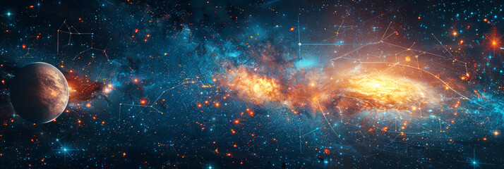 Wall Mural - starry night sky with constellations and a glowing galaxy, ideal for space and astronomy-related des