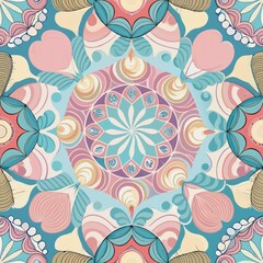 Wall Mural - Seamless pattern of pastel beach waves and seashells arranged in a delicate mandala design, representing harmony and balance, Generative AI