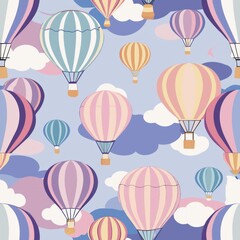 Wall Mural -  Seamless pattern of pastel hot air balloons drifting across a soft sunrise or sunset sky, symbolizing freedom and adventure, Generative AI