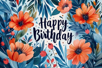 Happy Birthday card with vibrant red and orange flowers on a blue background for a festive occasion