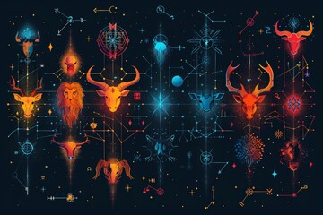 Canvas Print - colorful zodiac symbols and constellations on a dark background, perfect for astrology and horoscope