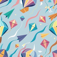 Wall Mural - Seamless pattern of pastel kites soaring high in the sky, trailing colorful ribbons behind them, symbolizing freedom and playfulness, Generative AI