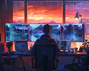 Poster - programmer coding late at night with glowing screens and determination