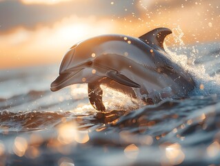 Poster - Graceful Dolphin Leaping Out of the Vibrant Ocean at Sunrise with Sparkling Water Droplets