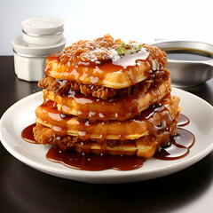 Wall Mural - Stack of pancakes with honey and nuts on a white plate on a black background