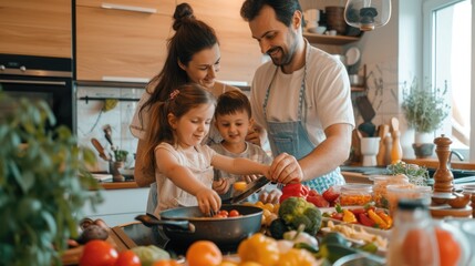 A family is happily cooking and bonding in the kitchen, sharing natural foods and ingredients, while enjoying leisure time together. AIG41