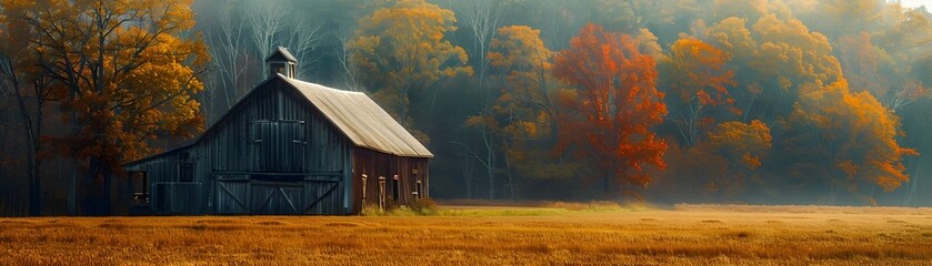 Wall Mural - Picturesque Rustic Barn Surrounded by Vibrant Autumn Foliage and Glowing Golden Fields