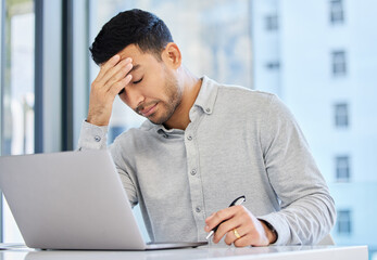 Fototapete - Man, headache and laptop in office, tired and thinking with stress for deadline, burnout or exhausted. Business person, computer and migraine with fatigue, pain or massage head in insurance company