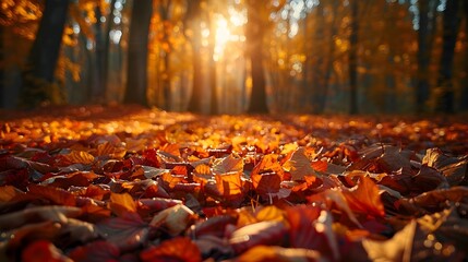 Poster - Autumn Forest Carpet of Fallen Leaves Warm Sunlight Filtering Through Golden Red Foliage