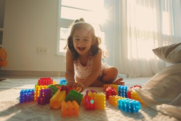 Canvas Print - A young girl is laying on the floor surrounded by a pile of colorful blocks