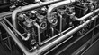 © Saranpong - Geothermal efficiency, plant innovations, front view, showing advanced systems, futuristic tone, black and white
