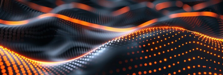Poster - Digital abstract background with dark gray and orange colors, featuring a wave pattern composed of glowing dots that resemble light particles motion. Waves create an illusion of depth on the surface