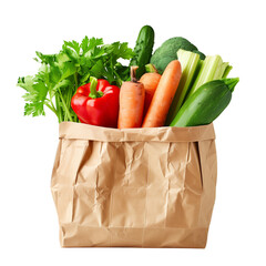 Wall Mural - A brown paper bag filled with fresh vegetables isolated on a transparent background