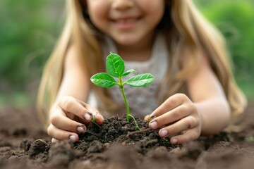 A young girl is planting a small green plant in the dirt