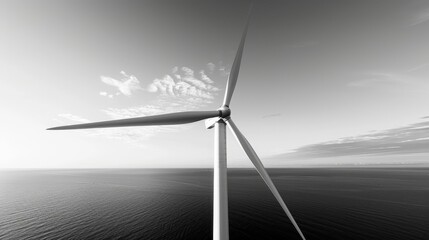 Wind energy projects, environmental impact, front view, showing sustainability efforts, futuristic tone, black and white