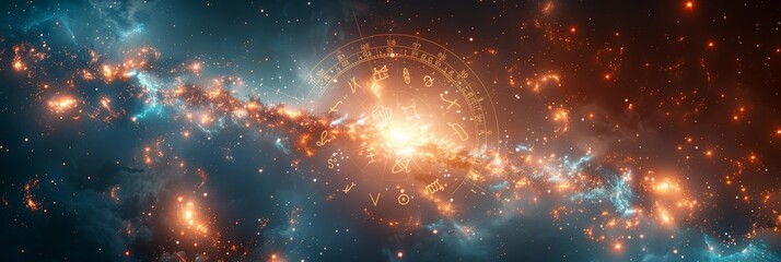 Wall Mural - astrological symbols and glowing galaxy elements against a star-filled sky, ideal for horoscope or m