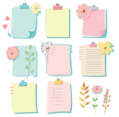 Poster - Notepad scraps, isolated stickers with coloured outlines, school notebook paper list, noticeboard label, clipboard stickers with paperclips.