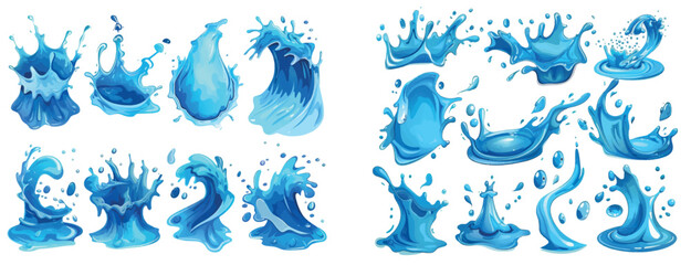 Poster - An illustration of a cartoon water jet. A waterfall or waterfalls flowing down, 2D liquid splashes on a wave, watered splatter, flow stream splashback for gaming..
